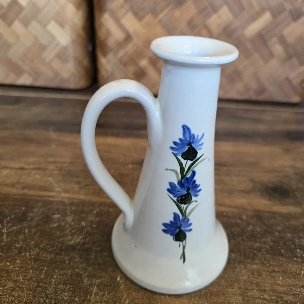 Tallberg Keramuk Vase Hand Painted Floral Blue Flowers Handle Vintage 5.5 x 3.25